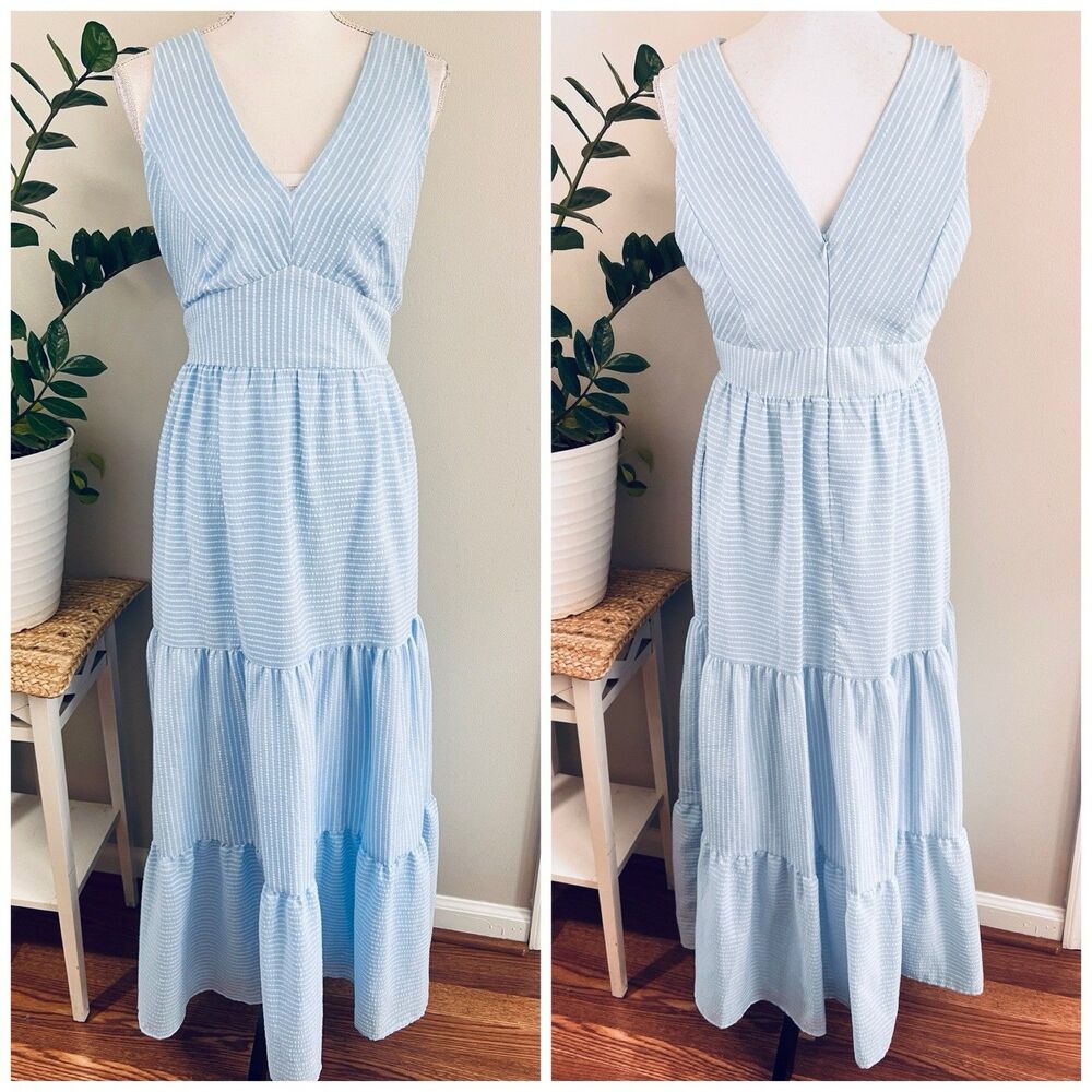 Taylor Light Blue & White Striped Midi Dress